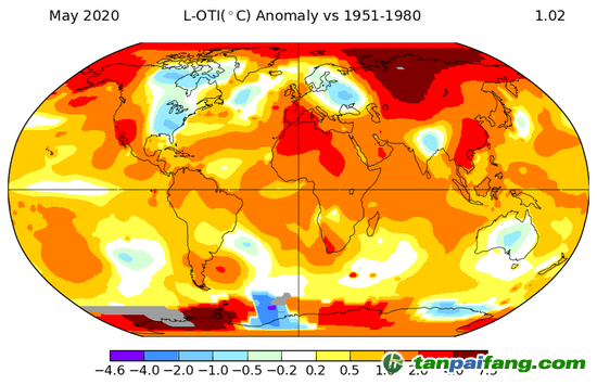 地圖對比了2020年5月氣溫VS1951-1980年5月的平均溫度，如圖所示，北極圈內(nèi)的西伯利亞部分地區(qū)和南極洲溫度飆升。資料來源：聯(lián)合國環(huán)境規(guī)劃署世界環(huán)境情報室(WESR)